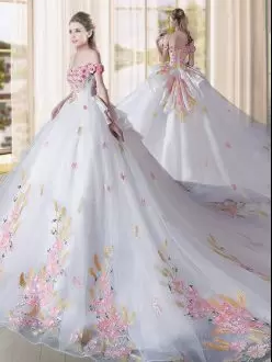 White Tulle Quince Ball Gowns Off the Shoulder Long Train with Pink Gold Details