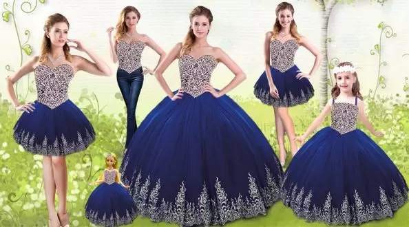 Royal Blue Ball Gowns Beading and Appliques Sweet 16 Quinceanera Dress Lace Up Tulle Sleeveless Floor Length
