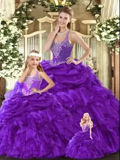 Purple Ball Gowns Straps Sleeveless Organza Floor Length Lace Up Beading and Ruffles Sweet 16 Quinceanera Dress