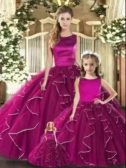 Classical Fuchsia Ball Gowns Ruffles Quinceanera Gown Lace Up Tulle Sleeveless Floor Length