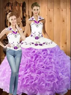 Eye-catching Lilac Two Pieces Embroidery 15th Birthday Dress Lace Up Fabric With Rolling Flowers Sleeveless Floor Length