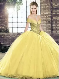 Affordable Gold Organza Lace Up Off The Shoulder Sleeveless Quinceanera Gown Brush Train Beading