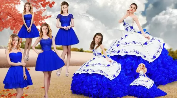 Colorful Royal Blue Organza Lace Up Vestidos de Quinceanera Sleeveless Brush Train Embroidery and Ruffles