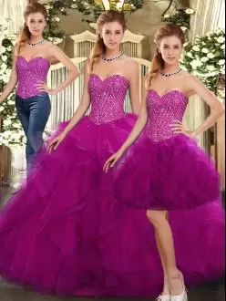 Attractive Fuchsia Sweetheart Neckline Beading and Ruffles 15 Quinceanera Dress Sleeveless Lace Up