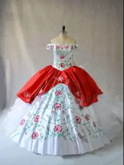 White And Red Organza Lace Up Quinceanera Dress Sleeveless Embroidery and Ruffled Layers