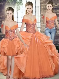 Trendy Floor Length Three Pieces Sleeveless Orange Quinceanera Gown Lace Up