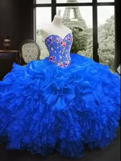 Royal Blue Sleeveless Sweetheart Flower Embroidery and Ruffles Quinceanera Dress