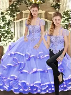Comfortable Floor Length Lace Up Sweet 16 Dress Lavender for Military Ball and Sweet 16 and Quinceanera with Beading and Ruffled Layers
