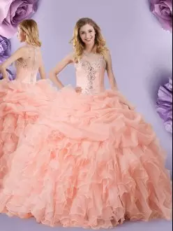 Enchanting Peach Straps Neckline Beading and Ruffles and Pick Ups Quince Ball Gowns Sleeveless Zipper