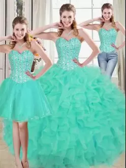 Mint Three Piece Sweetheart Organza Ruffles Vestidos de Quinceanera Dress