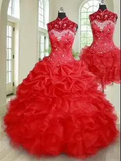 Captivating Beading and Ruffles and Pick Ups Sweet 16 Dresses Red Lace Up Sleeveless Floor Length