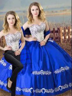 Wonderful Royal Blue Satin and Organza Lace Up Sweetheart Sleeveless Floor Length 15th Birthday Dress Beading and Embroidery