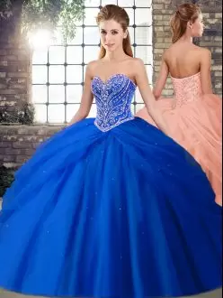 Royal Blue Lace Up Ball Gown Prom Dress Beading and Pick Ups Sleeveless Brush Train