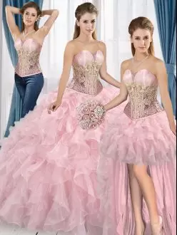 Baby Pink Sleeveless Floor Length Beading and Ruffles Lace Up Quinceanera Gown Sweetheart