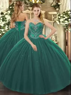 Modern Sweetheart Sleeveless 15th Birthday Dress Floor Length Beading Dark Green Tulle