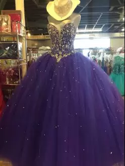 Pretty Purple Sleeveless Deep V Beaded Top Quinceanera Dress Tulle And Satin