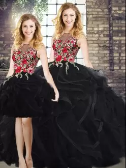 Elegant Three Pieces Short ang Long Black Quinceanera Dress with Colorful Embroidered Bodice