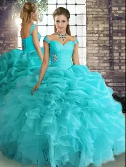 High Quality Ball Gowns Quince Ball Gowns Aqua Blue Off The Shoulder Organza Sleeveless Floor Length Lace Up