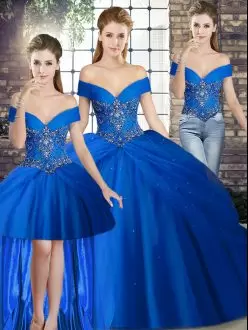 Custom Design Royal Blue Three Pieces Off The Shoulder Sleeveless Tulle Brush Train Lace Up Beading and Pick Ups Sweet 16 Dresses