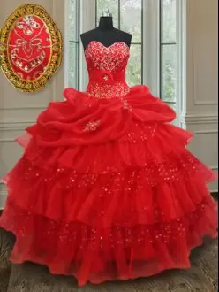 Sexy Floor Length Red Quinceanera Dress Organza Sleeveless Beading and Ruffled Layers and Sequins and Pick Ups