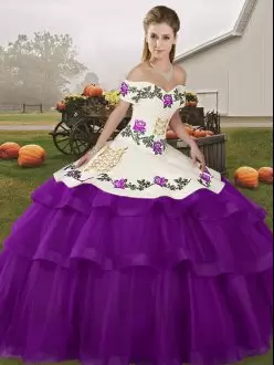 Purple Tulle Lace Up Quinceanera Gown Sleeveless Brush Train Embroidery and Ruffled Layers