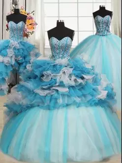 Decent Beading and Ruffles 15 Quinceanera Dress Blue And White Lace Up Sleeveless Floor Length