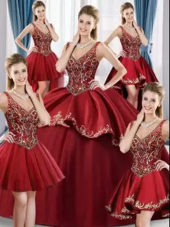 Beading and Embroidery Quinceanera Dresses Wine Red Lace Up Sleeveless Floor Length