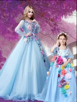 Cheap Baby Blue Sweet 16 Quinceanera Dress Sweet 16 and Quinceanera with Beading and Hand Made Flower V-neck Long Sleeves Sweep Train Lace Up