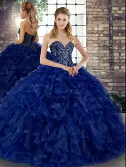 Royal Blue Sweetheart Lace Up Beading and Ruffles Quinceanera Dresses Sleeveless