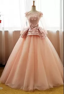 Nice Peach Quince Ball Gowns Sweet 16 and Quinceanera with Appliques Scoop Long Sleeves Lace Up