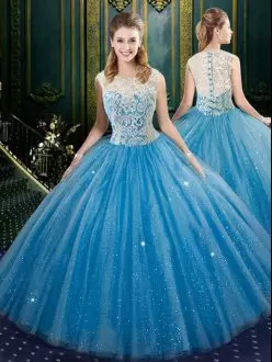 Delicate Blue Ball Gowns Tulle High-neck Sleeveless Lace Floor Length Zipper Sweet 16 Dress
