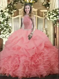 Organza High-neck Sleeveless Lace Up Beading and Ruffles and Pick Ups Sweet 16 Dresses in Watermelon Red