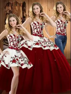 Sweet Wine Red Sleeveless Floor Length Embroidery Lace Up Sweet 16 Dresses Sweetheart