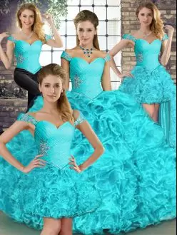 Smart Off The Shoulder Sleeveless Lace Up Sweet 16 Dresses Aqua Blue Organza Beading and Ruffles