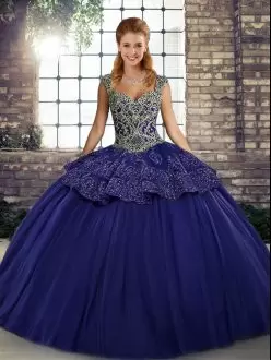 Floor Length Lace Up Quinceanera Dress Purple for Military Ball and Sweet 16 and Quinceanera with Beading and Appliques