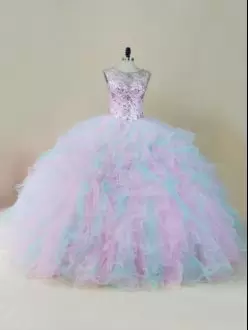 Scoop See Through Neckline Quinceanera Gown Bodysuit Beading Ruffled Light Blue Pink Tulle