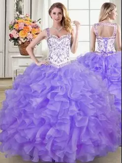 Lavender Organza Lace Up Quince Ball Gowns Sleeveless Floor Length Beading and Lace and Ruffles