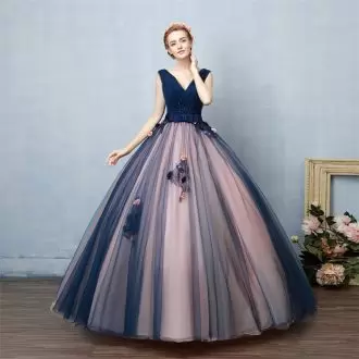 Spectacular Flowers Pink and Navy Blue Quinceanera Dress with Belt and Straps