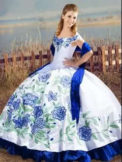 Off The Shoulder Sleeveless Lace Up 15 Quinceanera Dress Blue And White Satin and Organza Embroidery and Ruffles