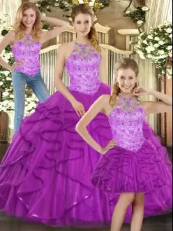 Modest Purple Ball Gowns Tulle Halter Top Sleeveless Beading and Ruffles Lace Up Quinceanera Gowns