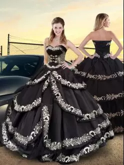 Eye-catching Sleeveless Floor Length Embroidery and Ruffled Layers Lace Up Quinceanera Gown with Black
