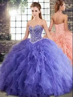 Sleeveless Floor Length Beading and Ruffles Lace Up Sweet 16 Dress with Lavender