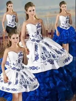 Edgy Blue And White Satin and Organza Lace Up 15th Birthday Dress Sleeveless Floor Length Embroidery and Ruffles