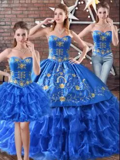 Luxurious Blue Organza Lace Up Sweet 16 Dresses Sleeveless Floor Length Embroidery and Ruffled Layers