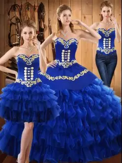 Smart Blue Sleeveless Embroidery and Ruffled Layers Floor Length Sweet 16 Dress
