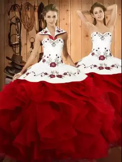 Captivating Halter Top Sleeveless Ball Gown Prom Dress Floor Length Embroidery and Ruffles Wine Red Satin and Organza