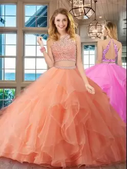 Organza Sleeveless Floor Length Ball Gown Prom Dress and Beading and Ruffles
