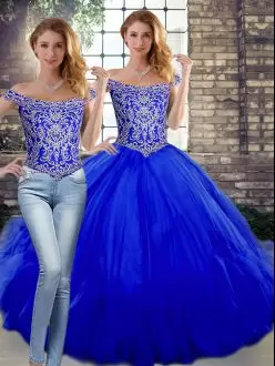 Beading and Ruffles Sweet 16 Dress Royal Blue Lace Up Sleeveless Floor Length
