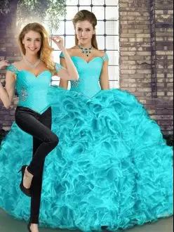 Floor Length Two Pieces Sleeveless Aqua Blue Quinceanera Gowns Lace Up