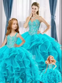 Quinceanera Package Aqua Tulle Ruffles Quinceanera Dress with Silver Embroidery